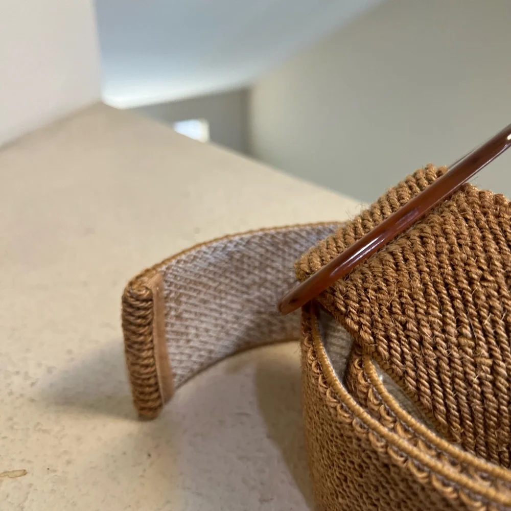Women square RESIN BUCKLE STRAW stretch wide waist brown belt medium‎ boho l